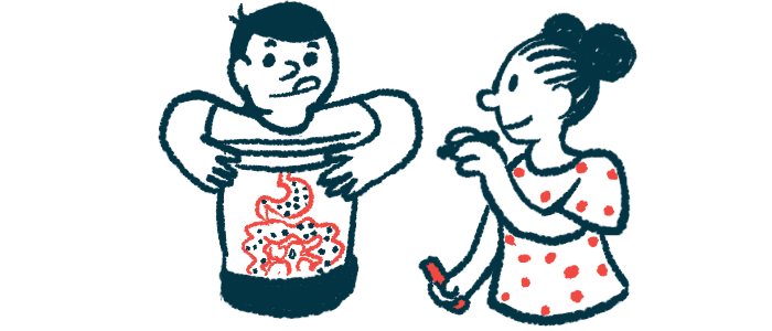 A child draws a picture of the human digestive tract showing gut bacteria on a friend's stomach.
