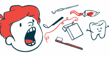 A person with red hair opens their mouth wide as various dental care instruments float next to their head.