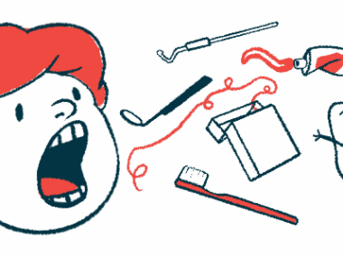 A person with red hair opens their mouth wide as various dental care instruments float next to their head.