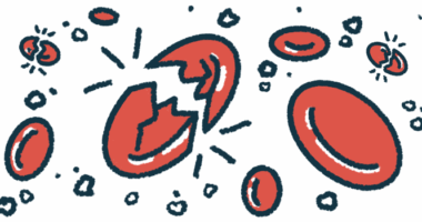 An illustration of a red blood cell breaking apart.