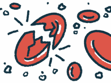 An illustration shows a red blood cell breaking apart.