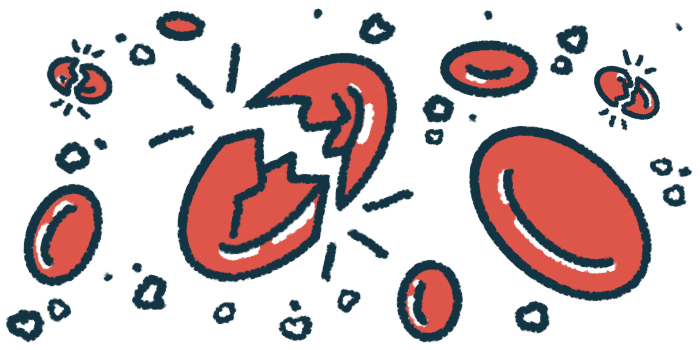 An illustration of a red blood cell breaking apart.