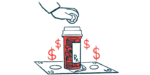 A hand puts a coin in a pill bottle surrounded by dollar signs.