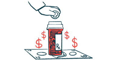 A hand puts a coin in a pill bottle surrounded by dollar signs.
