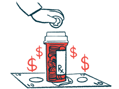 A hand puts a coin in a pill bottle surrounded by dollar signs.