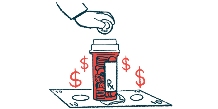A hand puts a coin in a pill bottle surrounded by dollar signs.